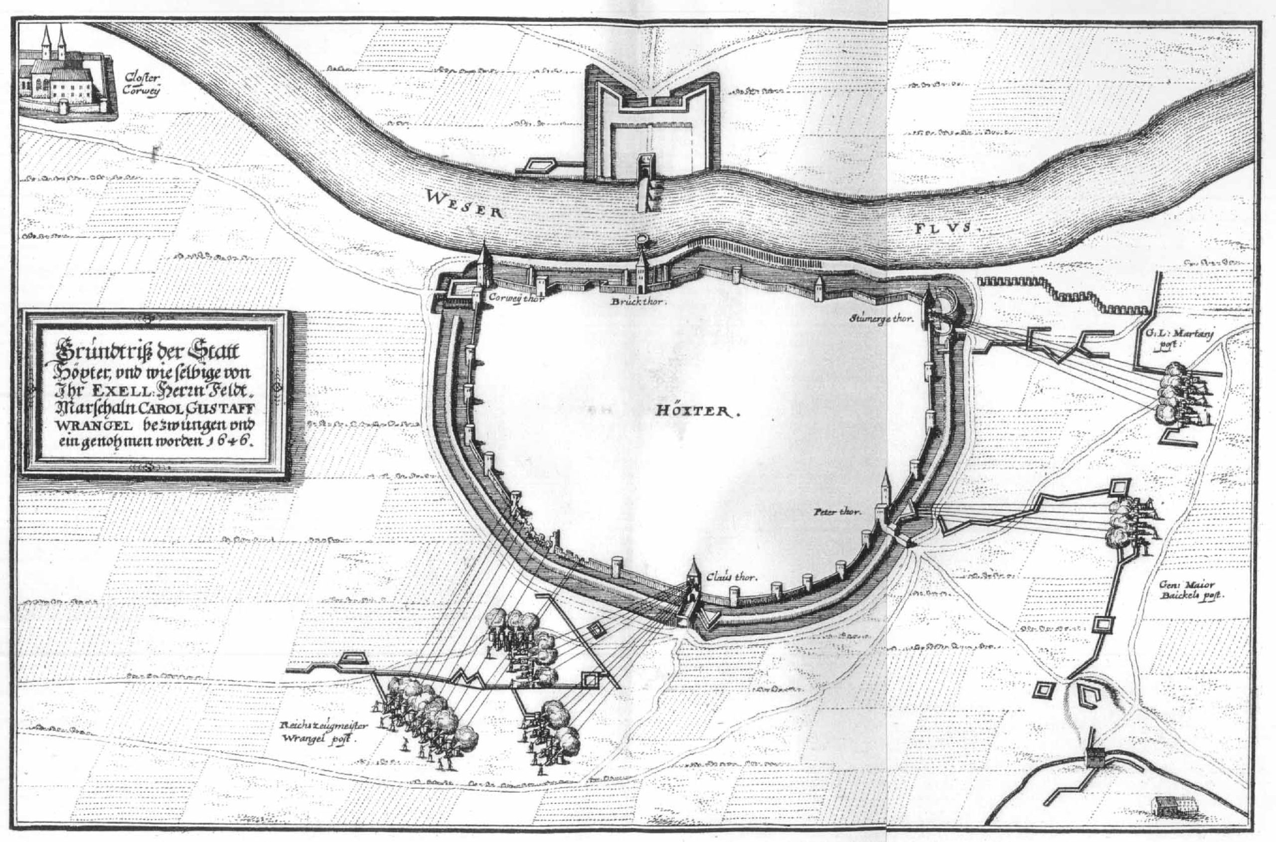 Plan Höxters von Matthäus Merian 1647 mit der im 30jährigen Krieg teilweise zerstörten Weserbrücke.