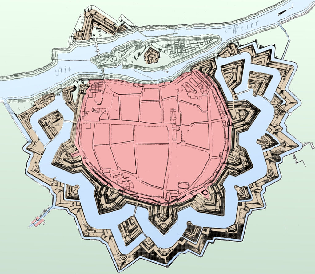Plan der Festung Hameln von 1777, nachträglich koloriert @ Wikimedia Commons.